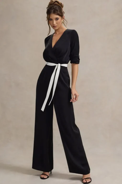 Ruba | Black Tailored Plunge Jumpsuit With Tie Waist