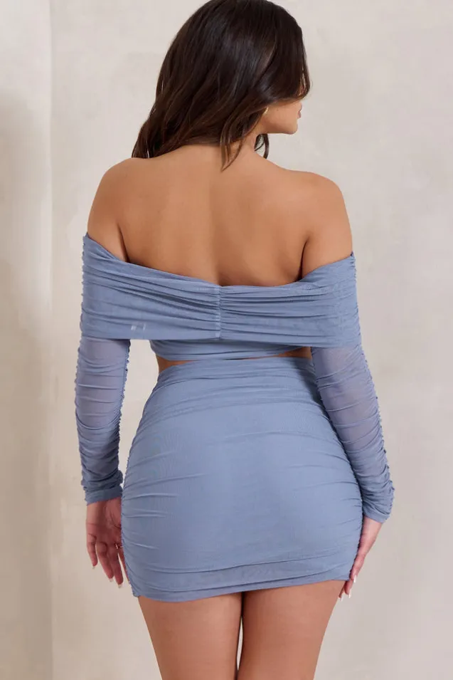 Rule Breaker | Cornflower Blue Ruched Mesh Bardot Crop Top