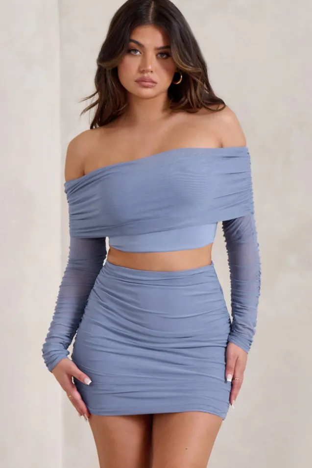 Rule Breaker | Cornflower Blue Ruched Mesh Bardot Crop Top