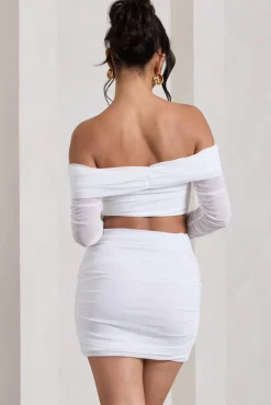 Rule Breaker | White Ruched Mesh Bardot Crop Top