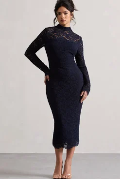 Rumour | Navy Lace High-Neck Midi Dress