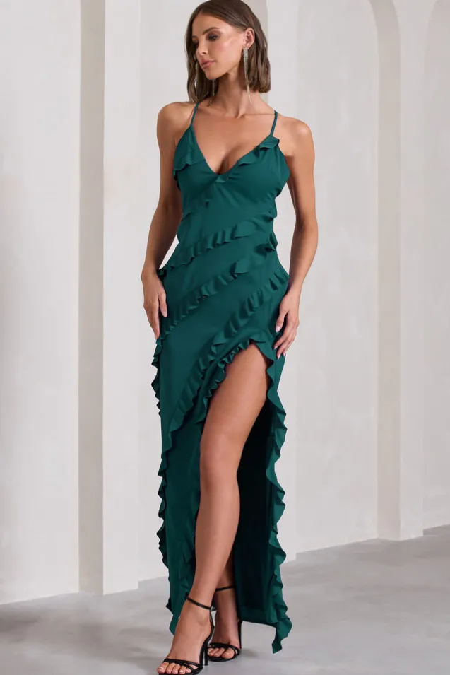 Run The World | Bottle Green Sweetheart Neckline Ruffle Maxi Dress