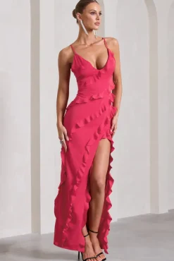 Run The World | Hot Pink Sweetheart Neckline Ruffle Maxi Dress