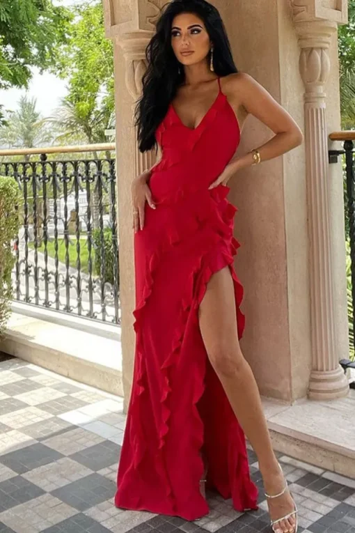 Run The World | Red Plunge Neckline Ruffle Maxi Dress
