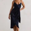 Sabela | Navy Satin Wrap Midi Dress With Knot Detail