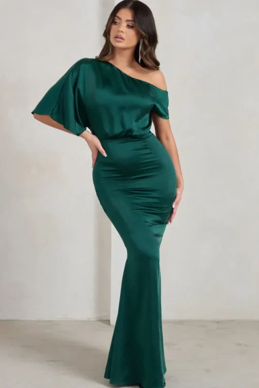 Sabrina | Bottle Green Asymmetric Off The Shoulder Satin Maxi Dress