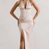 Sacha | Champagne Satin Corset Style Maxi Dress With Wrap Skirt