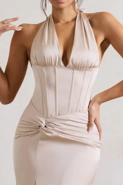 Sacha | Champagne Satin Corset Style Maxi Dress With Wrap Skirt