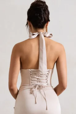 Sacha | Champagne Satin Corset Style Maxi Dress With Wrap Skirt