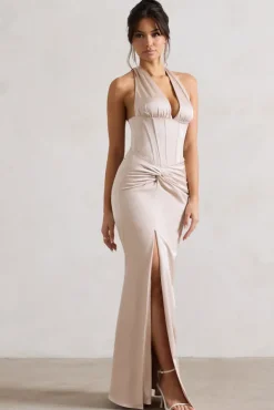 Sacha | Champagne Satin Corset Style Maxi Dress With Wrap Skirt
