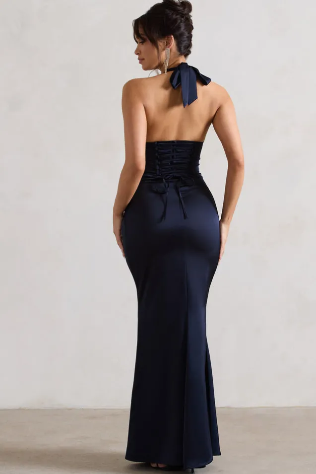 Sacha | Navy Satin Corset Style Maxi Dress With Wrap Skirt
