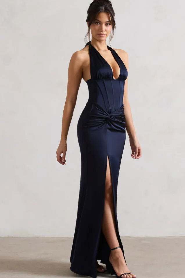 Sacha | Navy Satin Corset Style Maxi Dress With Wrap Skirt