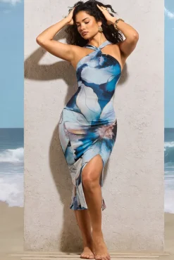 Sadira | White Print Twist-Neck Split Midi Dress