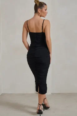 Saffy | Black Cami Mesh Ruched Midi Dress
