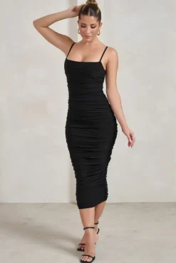 Saffy | Black Cami Mesh Ruched Midi Dress