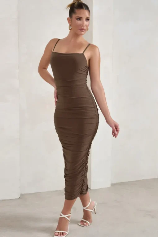Saffy | Brown Cami Mesh Ruched Midi Dress