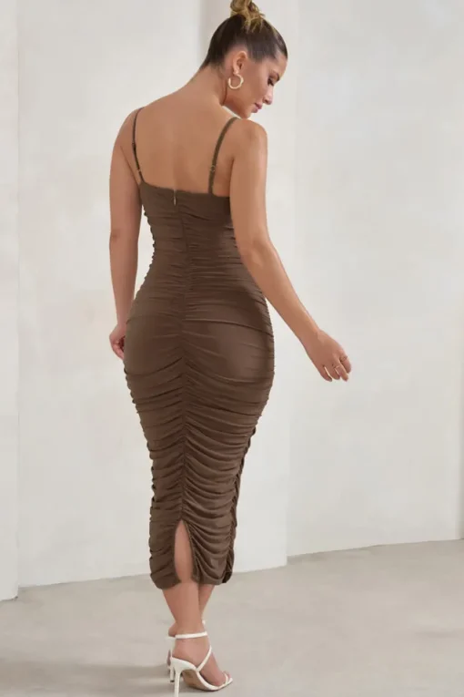 Saffy | Brown Cami Mesh Ruched Midi Dress