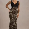 Sahara | Leopard Print Satin V-Neck Maxi Dress With Black Lace Trim