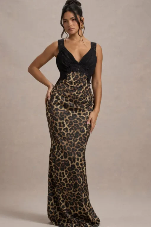 Sahara | Leopard Print Satin V-Neck Maxi Dress With Black Lace Trim