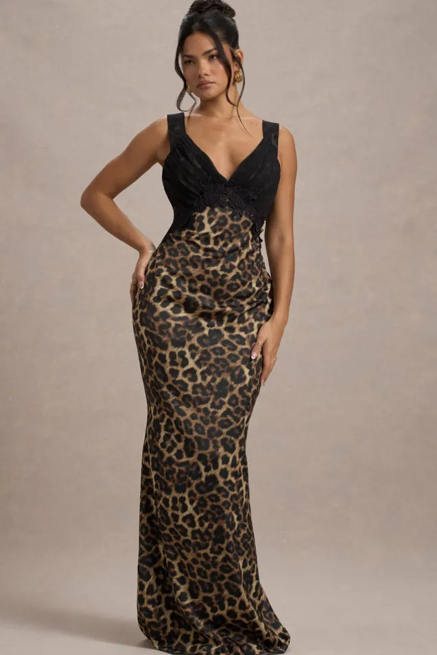 Sahara | Leopard Print Satin V-Neck Maxi Dress With Black Lace Trim