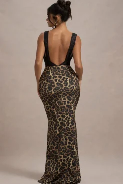 Sahara | Leopard Print Satin V-Neck Maxi Dress With Black Lace Trim