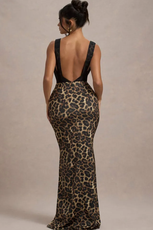 Sahara | Leopard Print Satin V-Neck Maxi Dress With Black Lace Trim