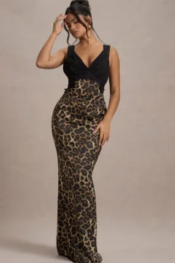 Sahara | Leopard Print Satin V-Neck Maxi Dress With Black Lace Trim