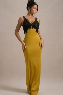 Sahara | Mustard Satin V-Neck Maxi Dress With Black Lace Trim
