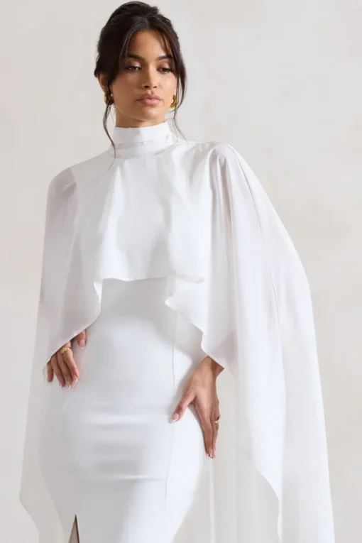 Saint | Cream Fishtail Split Maxi Dress With Chiffon Cape