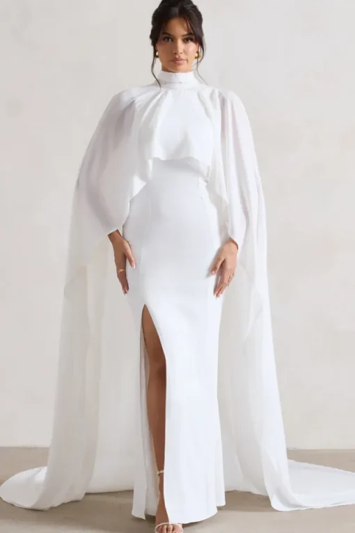 Saint | Cream Fishtail Split Maxi Dress With Chiffon Cape