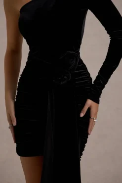 Saint Moritz | Black Velvet One Sleeve Mini Dress With Flower Drape