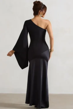 Salem | Black Asymmetric Cape-Sleeve Maxi Dress With Satin Skirt