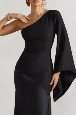 Salem | Black Asymmetric Cape-Sleeve Maxi Dress With Satin Skirt