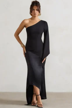 Salem | Black Asymmetric Cape-Sleeve Maxi Dress With Satin Skirt