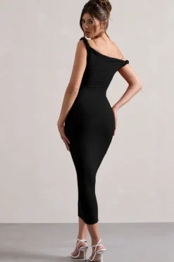 Salome | Black Twisted Asymmetric Midi Dress