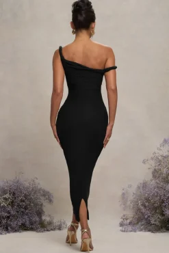 Salome | Black Twisted Asymmetric Maternity Midi Dress