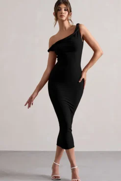 Salome | Black Twisted Asymmetric Midi Dress
