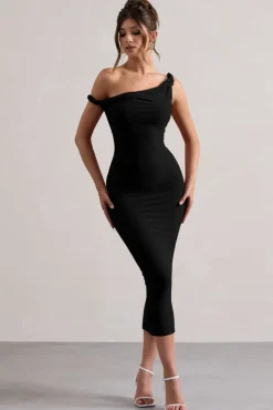 Salome | Black Twisted Asymmetric Midi Dress