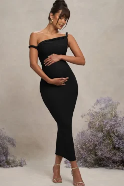 Salome | Black Twisted Asymmetric Maternity Midi Dress