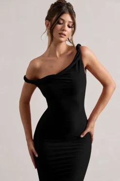 Salome | Black Twisted Asymmetric Midi Dress