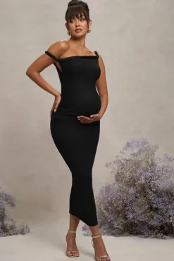 Salome | Black Twisted Asymmetric Maternity Midi Dress