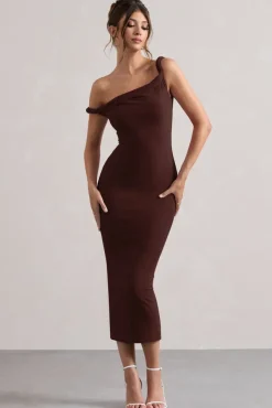 Salome | Chocolate Brown Twisted Asymmetric Midi Dress