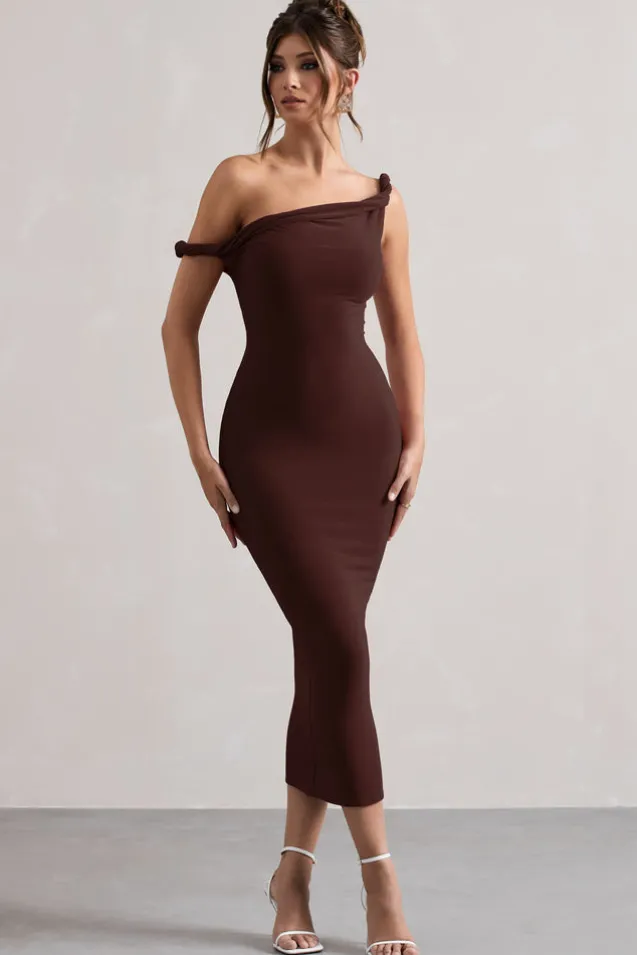 Salome | Chocolate Brown Twisted Asymmetric Midi Dress