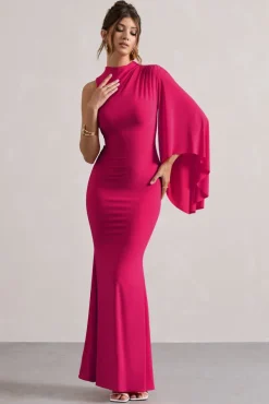 Samaya | Pink High-Neck Cape-Sleeve Maxi Dress