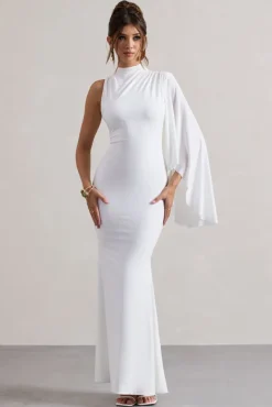 Samaya | White High-Neck Cape-Sleeve Maxi Dress