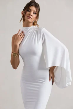 Samaya | White High-Neck Cape-Sleeve Maxi Dress