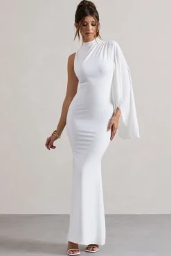 Samaya | White High-Neck Cape-Sleeve Maxi Dress