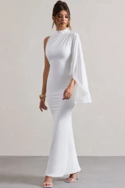 Samaya | White High-Neck Cape-Sleeve Maxi Dress