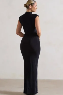 Samira | Black Ruched High-Neck Split Maxi Dress