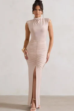 Samira | Champagne Ruched High-Neck Split Maxi Dress